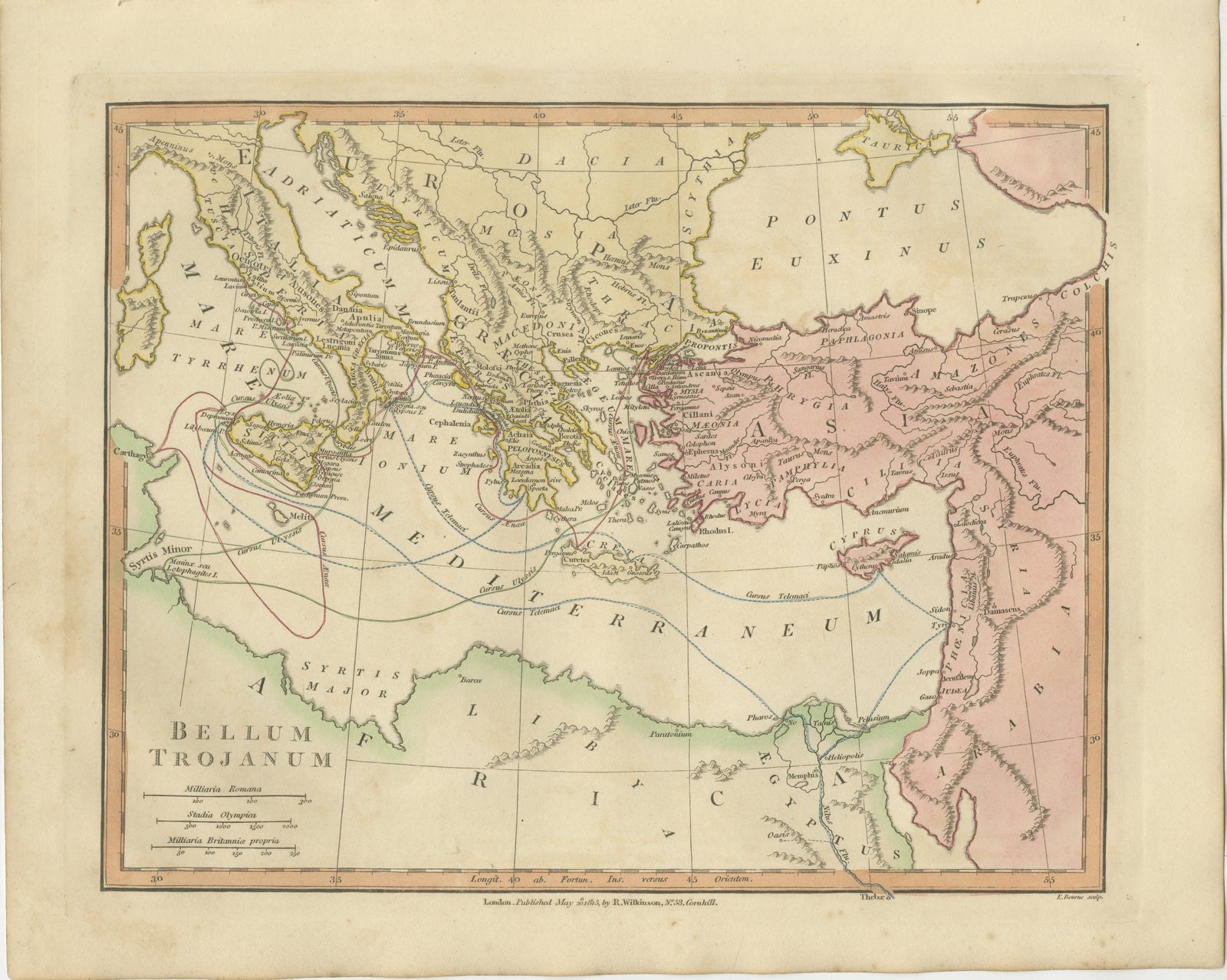 Antique Trojan War Map, Bellum Trojanum Mediterranean, Wilkinson 1815