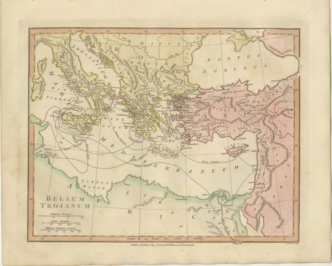 Antique Trojan War Map, Bellum Trojanum Mediterranean, Wilkinson 1815
