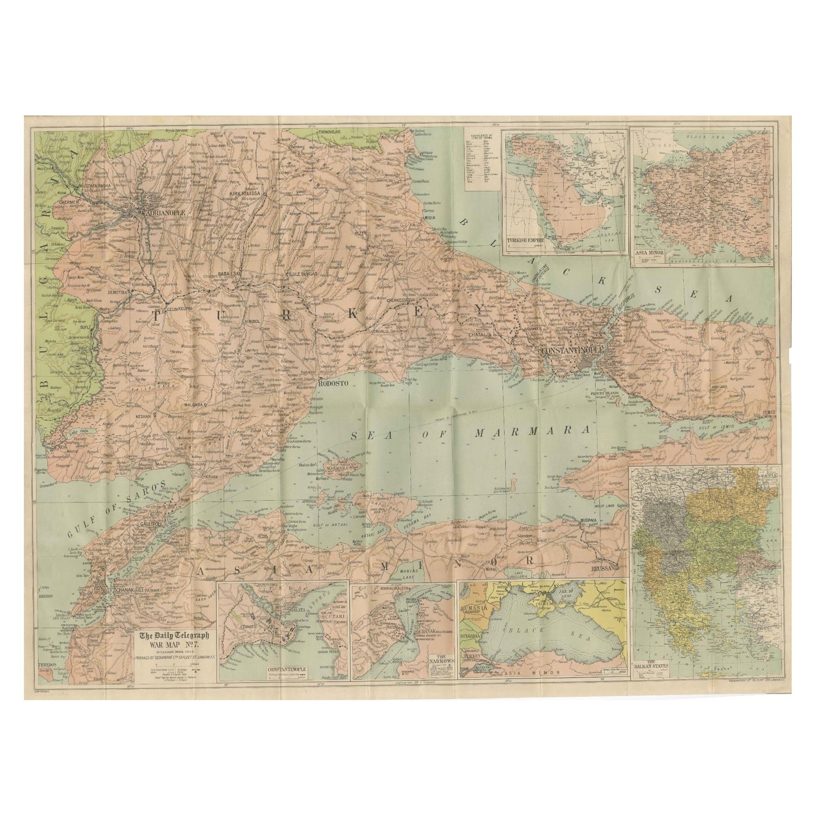 Daily Telegraph War Map 1877, Ottoman Empire, Balkans & Constantinople Antique