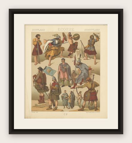 Pl. 150 Antique Print of Scottish Military Outfits by Racinet, 'circa 1880', shown framed