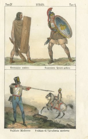 Ancient Germanic and Greek Warriors with Modern Soldiers, Hand Colored, 1842