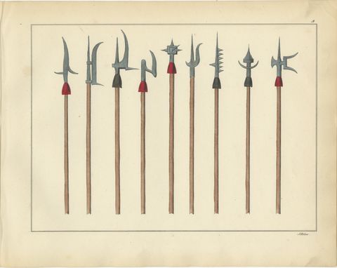 19th-Century Lithograph Compilation of Medieval Polearms and Weapons, view 3