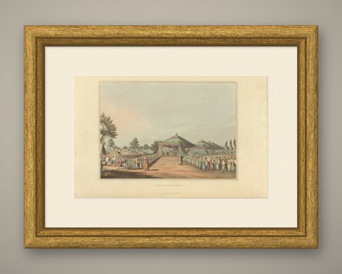 Turkish Encampment with Ceremonial Pavilions, Antique Aquatint, 1809, shown framed
