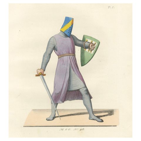 Antique Print 1845, Medieval Knight in Chainmail, Sword and Helmet