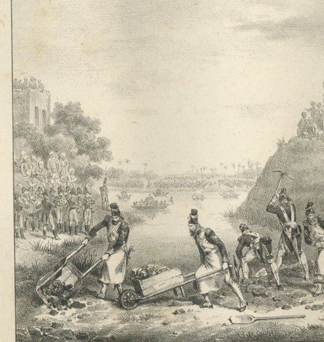 Cutting the Dyke of the Nile, Cairo, Antique Madou Lithograph, 1827, close-up 1