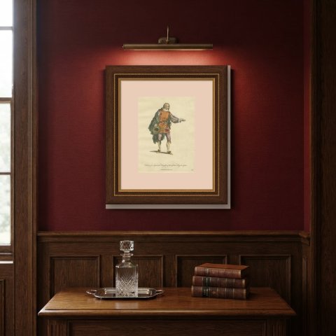 Spanish Knight of the Golden Key in 1700, Hand Colored Costume Plate, 1757, shown framed on a wall
