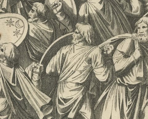 Romans and Barbarians Fighting at a Palisade, Montfaucon Engraving, 1722, close-up 1