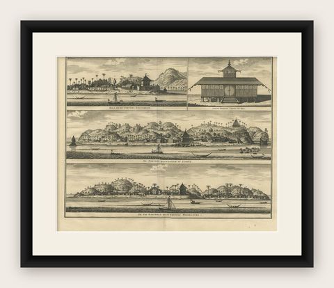 Antique Print of Hila and Fortresses by Valentijn '1726', shown framed
