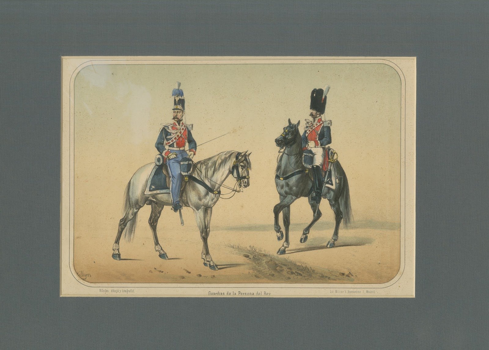 Spanish Cavalry Lithograph by José Villegas: Royal Bodyguards, 1861