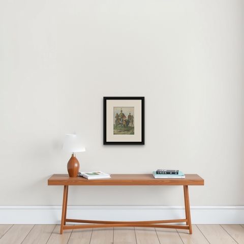 Antique Print, Hungarian Hussars on Horseback, Military Uniforms, 1858, shown framed on a wall