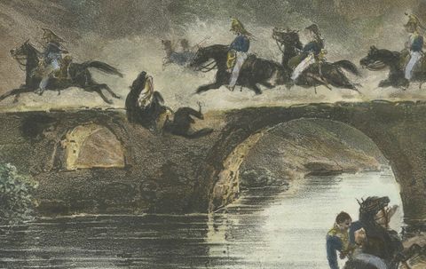 Pont de Coy: French Troops Crossing a Bridge in 1809- Napoleonic Wars Lithograph, close-up 1