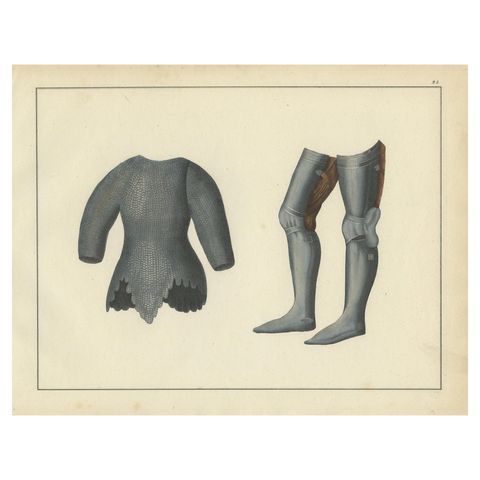 19th-Century Hand-Coloured Lithograph of Chainmail Hauberk and Plate Leg Armor