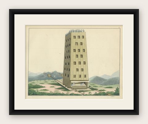 19th-Century Hand-Coloured Lithograph of a Medieval Siege Tower in Action, shown framed