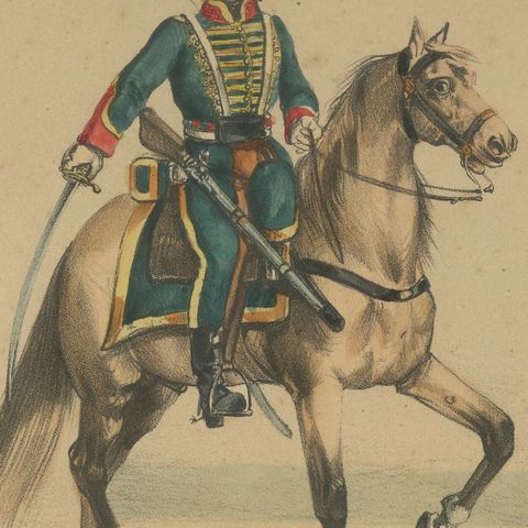 Spanish Cavalry Lithograph by José Villegas: Dragoon and Hussar, 1861, close-up 1
