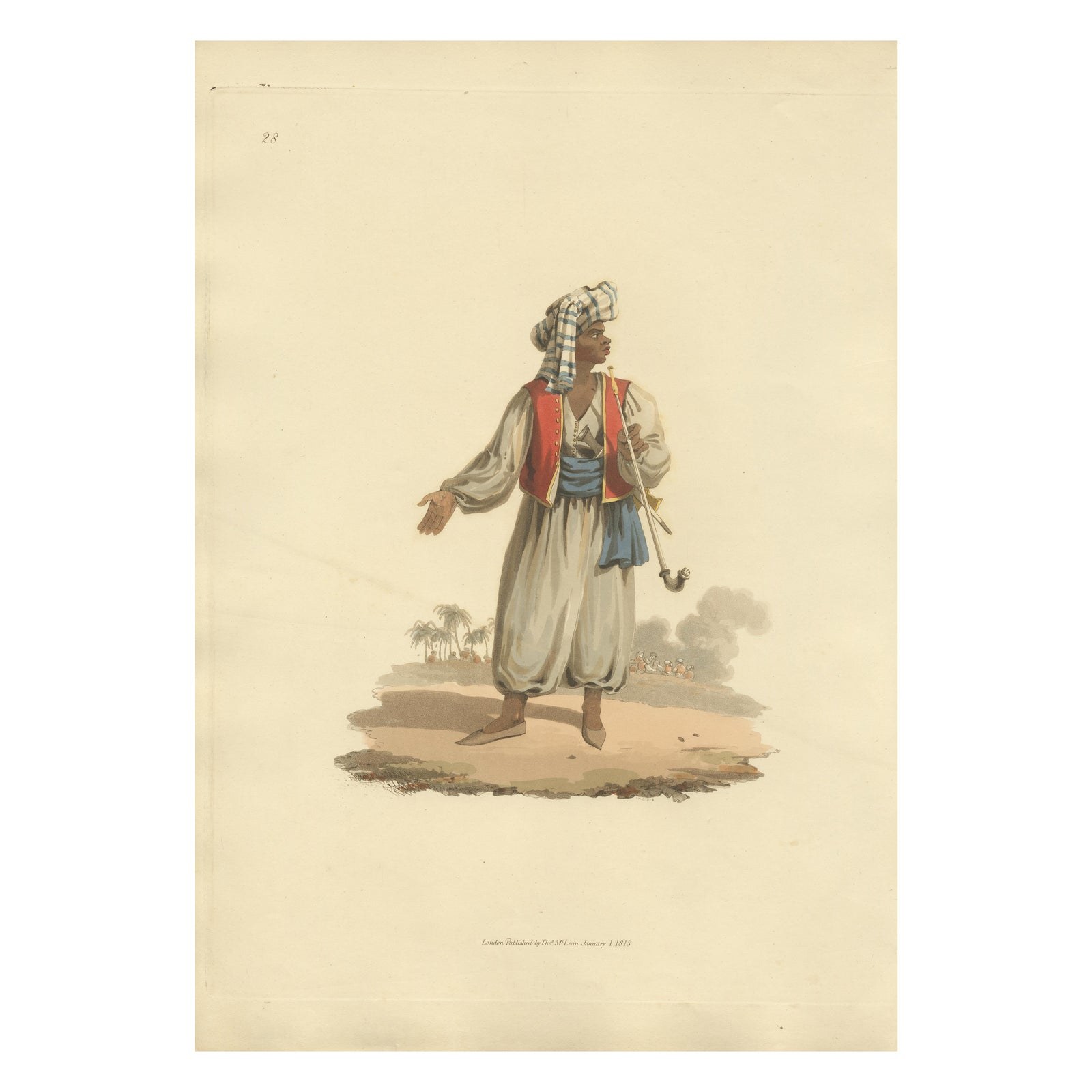 Antique Print of Military Chief of Upper Egypt, Hand-Colored Aquatint, 1818