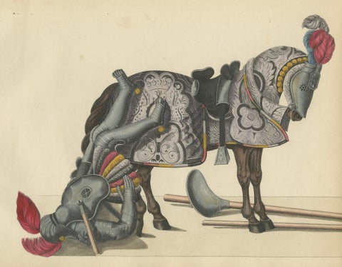 19th-Century Hand-Coloured Lithograph of Fallen Knights and Horses Post-Joust, close-up 5