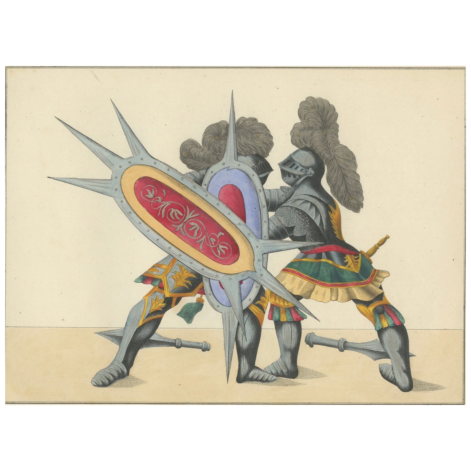 19th-Century Hand-Coloured Lithograph of Armoured Duel with Spiked Shields