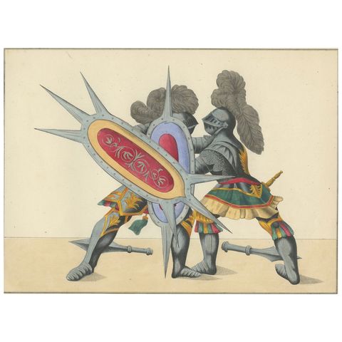 19th-Century Hand-Coloured Lithograph of Armoured Duel with Spiked Shields