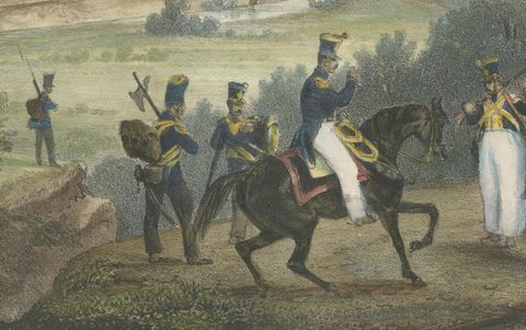 French Troops at the Fluvia Valley, Castellfollit, Napoleonic Wars Lithograph, close-up 2