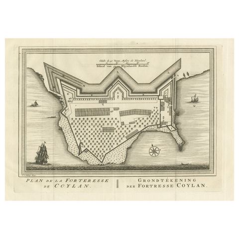 Antique Print of the Fort of Kollam, Kerala, India