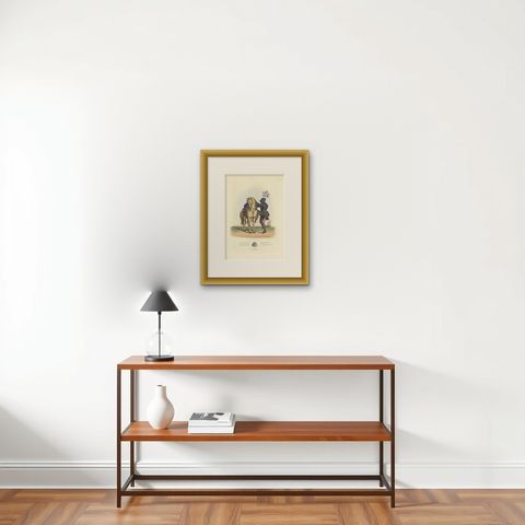 Original Handcolored Antique Print of a Suit of Armour, '1842', shown framed on a wall