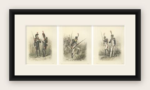 Napoleonic Infantry Soldiers, Sapper, Cannoneer, Voltigeur, Fusilier, 1859, shown framed