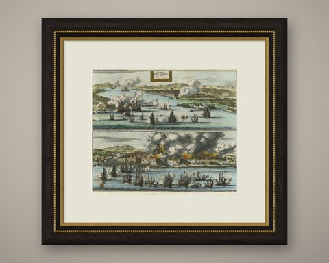 Decorative Engraving of VOC Battle Ships Attacking Palembang in Sumatra, ca.1700, shown framed
