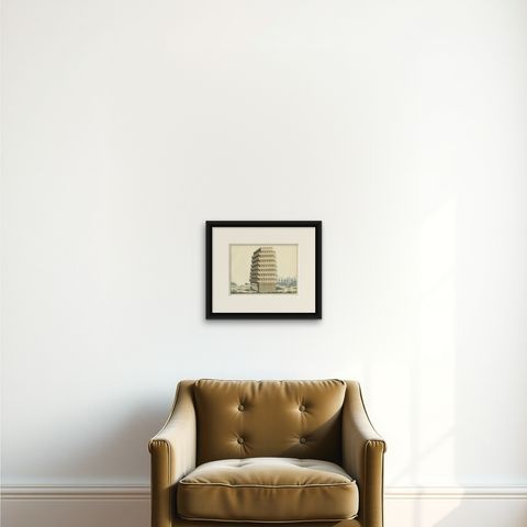 19th-Century Hand-Coloured Lithograph of a Multi-Level Medieval Siege Tower, shown framed on a wall