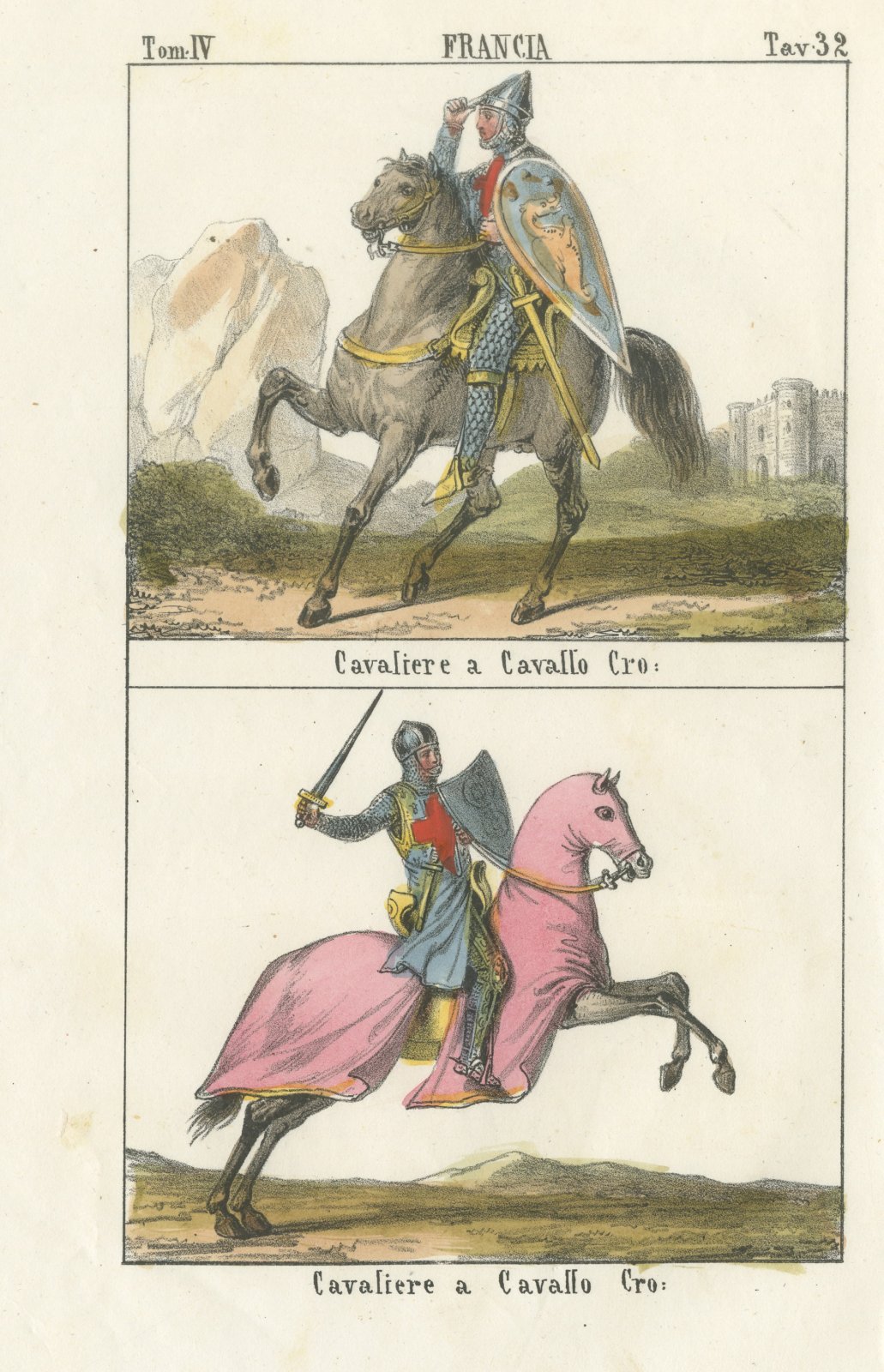 Two Mounted Crusader Knights, Hand Colored French Lithograph, 1842