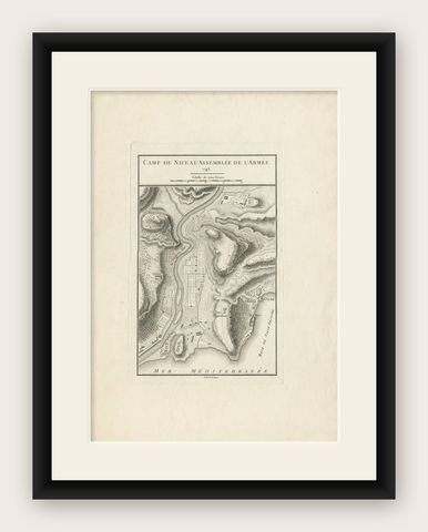 Antique Print of a Military Camp Near Nice by De la Haye, circa 1750, shown framed