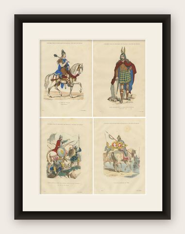 Early French Warriors and Nobility, Gaulish to Norman Cavalry, 4-Plate Set, 1860, shown framed