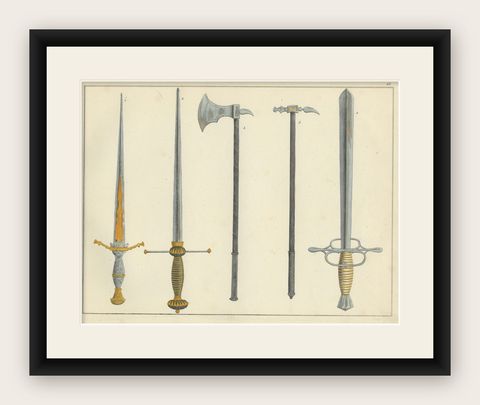 19th-Century Hand-Coloured Lithograph of Swords, Axes, and War Hammers, shown framed