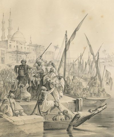 Antique Egyptian Army Recruitment at the Nile Harbor from Maximilian, 1846, close-up 1