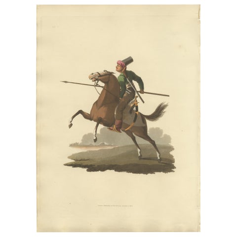 Antique Print of Turkish Cavalry Costume, Hand-Colored Aquatint, 1818