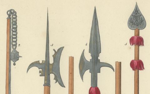19th-Century Lithograph Compilation of Medieval Polearms and Weapons, close-up 2