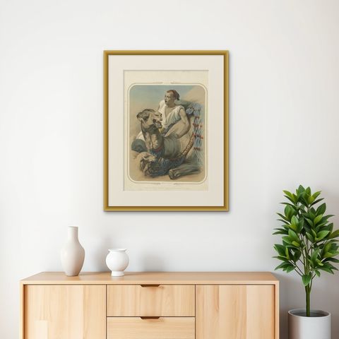 Print of a Bedouin with a Camel during the Battle of the Smala, circa 1845, shown framed on a wall