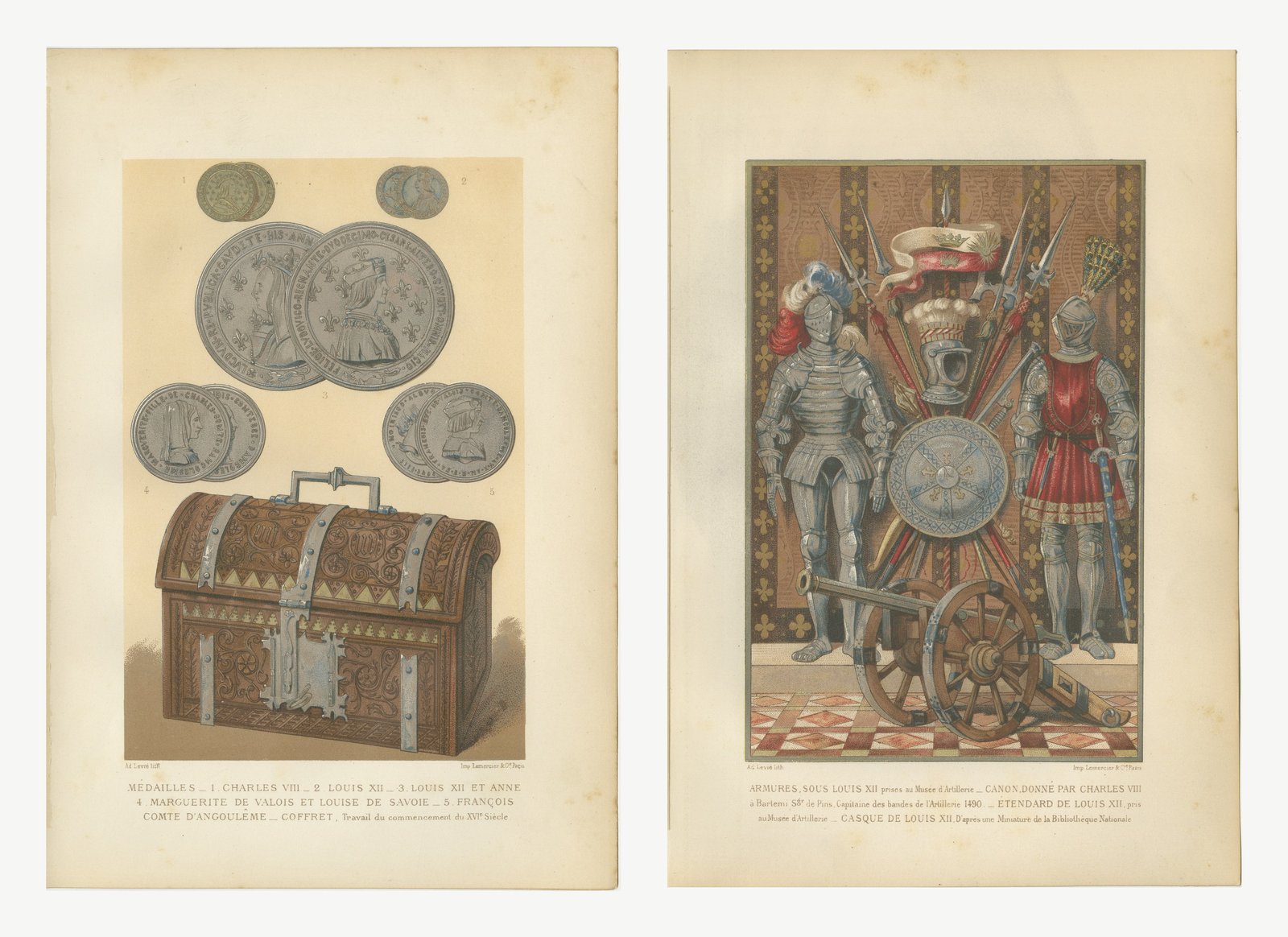 Renaissance Medals and Armor, Pair of Antique French Chromolithographs, 1882
