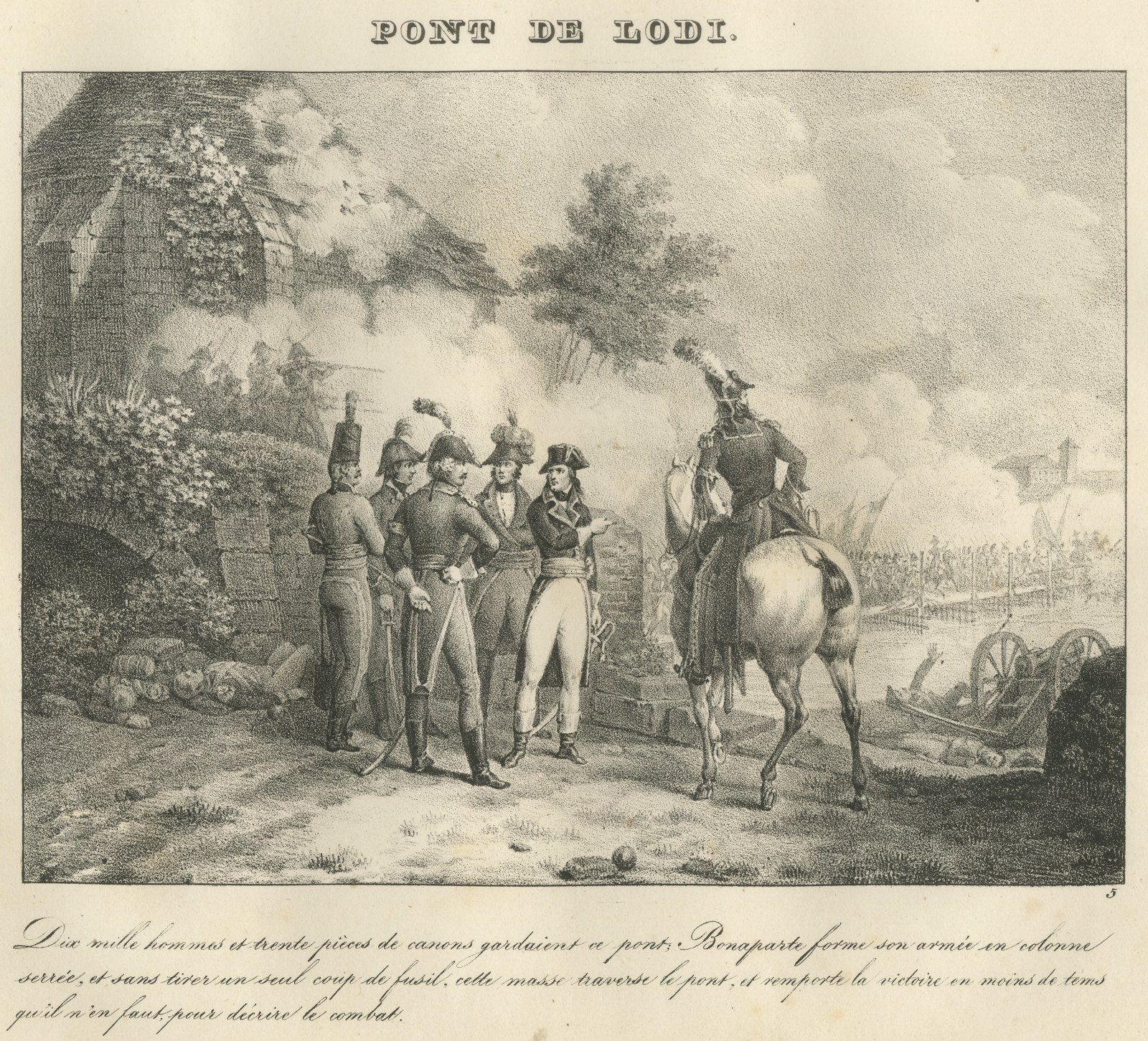 The Bridge of Lodi, Napoleon's Close Column, Antique Madou Lithograph, 1827