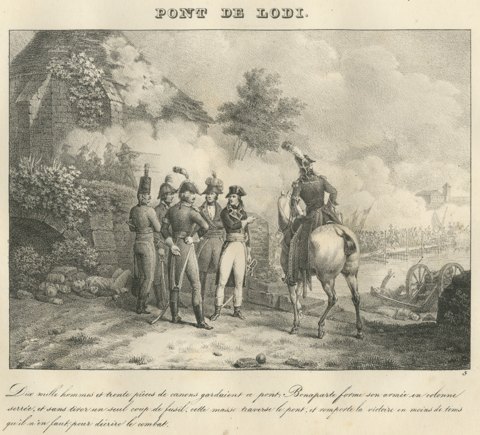 The Bridge of Lodi, Napoleon's Close Column, Antique Madou Lithograph, 1827