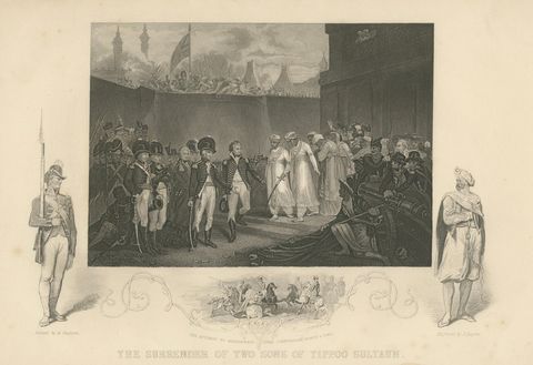 Antique India Print, Tipu Sultan Sons Surrender, Mysore War, c.1850