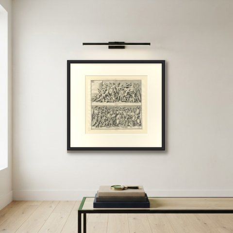 Roman Battle Scenes Beside a Round Tower, Trajan's Column, 1722, shown framed on a wall