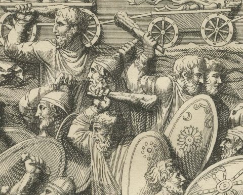 Roman Battle Scenes Beside a Round Tower, Trajan's Column, 1722, close-up 2