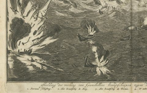 Explosion of a Pontoon Bridge at the Siege of Antwerp (1585) by Coenraet Decker, close-up 2
