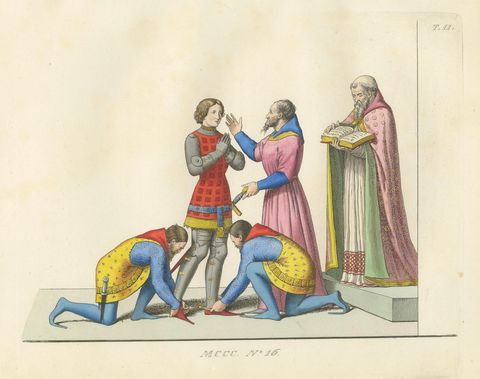 Creation of a Knight Ceremony, 14th Century, Hand-Colored, ca.1860, close-up 1