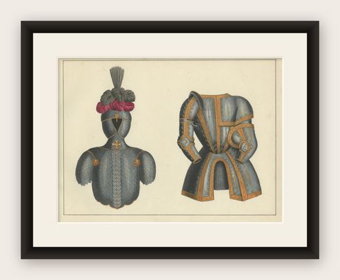 19th-Century Hand-Coloured Print of Ornate Medieval Armor and Tournament Attire, shown framed