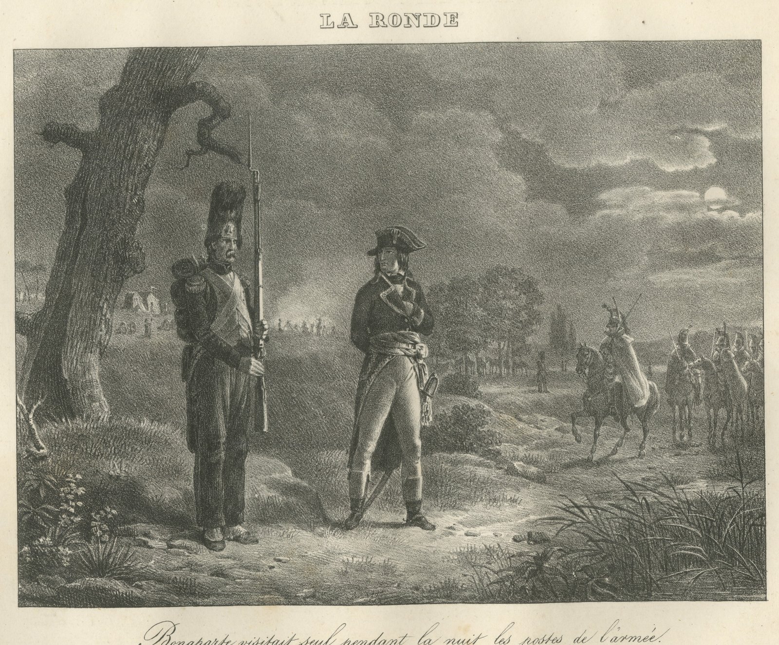 The Night Round, Napoleon Visits the Sentries, Antique Madou Lithograph, 1827