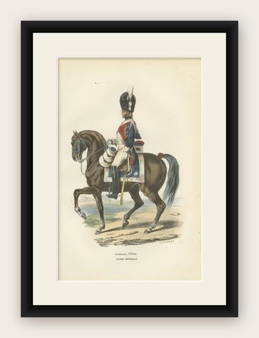 Napoleonic Gendarme d’Élite, Imperial Guard Cavalry, Hand-Coloured Print, 1843, shown framed