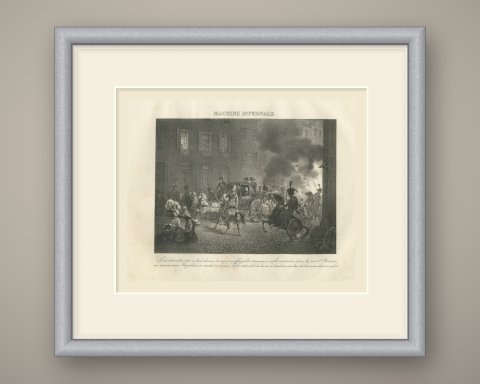 The Infernal Machine, Rue Saint Nicaise, Antique Madou Lithograph, 1827, shown framed