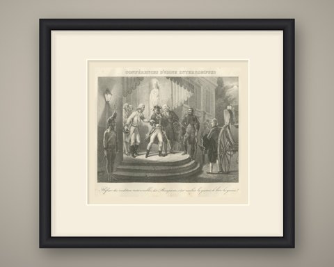 Conferences of Udine Broken Off, Then War, Antique Madou Lithograph, 1827, shown framed