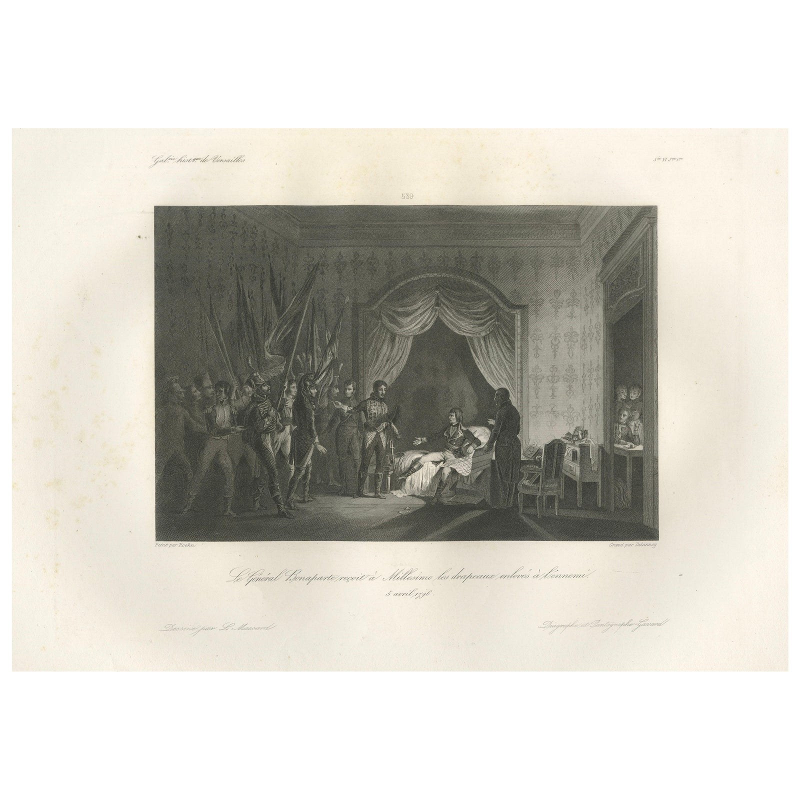 Napoleon Accepts Captured Banners in Milan, French Empire Engraving c.1840